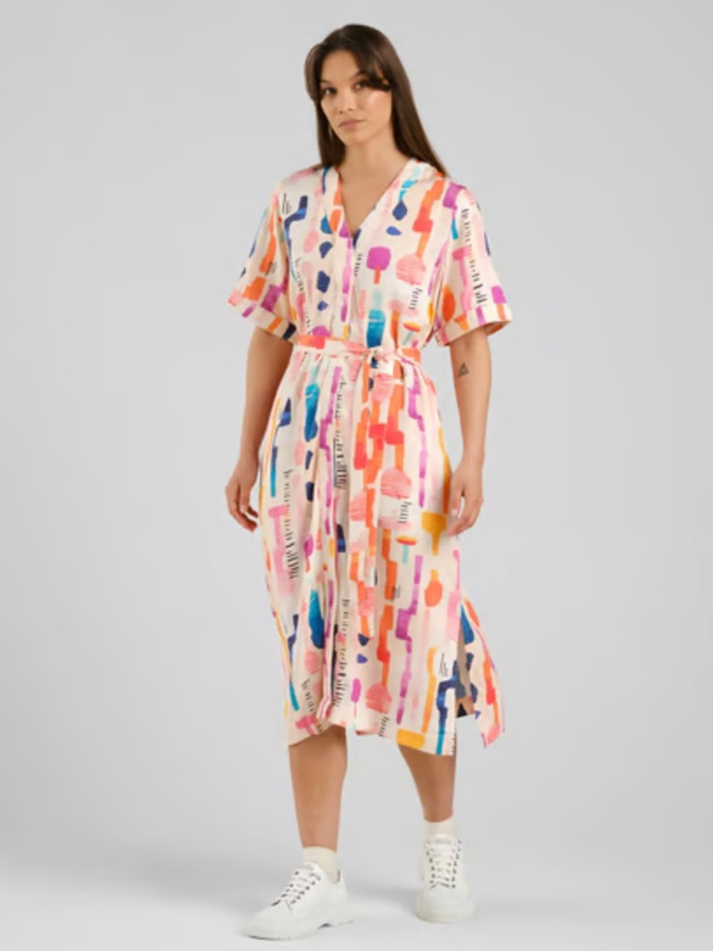 Dedicated Kallvik Summer V-Neck Midi Dress in Multi-Color Abstract Print